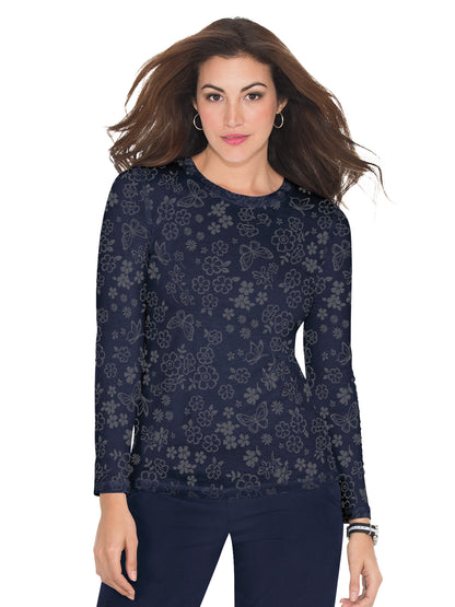 Women's Long-Sleeve Floral Burnout Presley Underscrub Tee - 1061PR - Flower Burnout Navy