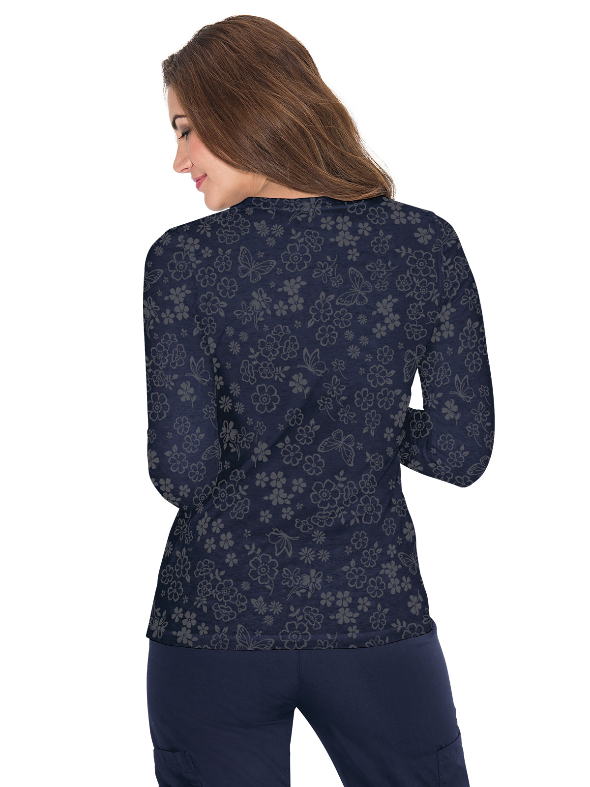 Women's Long-Sleeve Floral Burnout Presley Underscrub Tee - 1061PR - Flower Burnout Navy