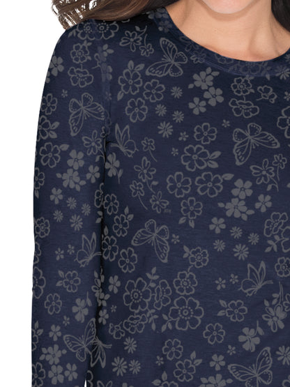 Women's Long-Sleeve Floral Burnout Presley Underscrub Tee - 1061PR - Flower Burnout Navy