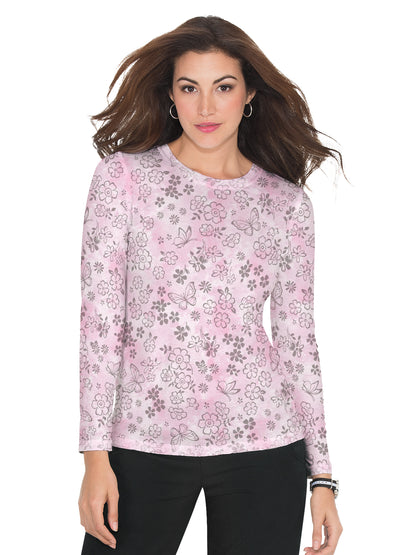 Women's Long-Sleeve Floral Burnout Presley Underscrub Tee - 1061PR - Flower Burnout Pink White