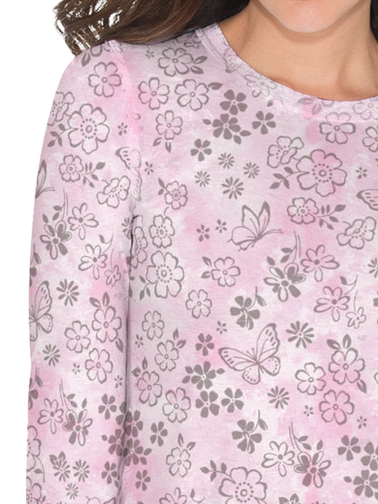 Women's Long-Sleeve Floral Burnout Presley Underscrub Tee - 1061PR - Flower Burnout Pink White