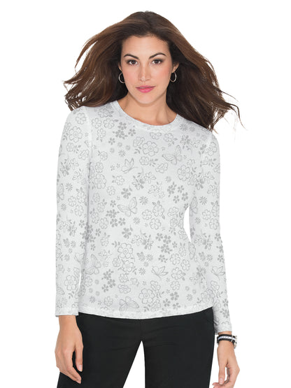 Women's Long-Sleeve Floral Burnout Presley Underscrub Tee - 1061PR - Flower Burnout White