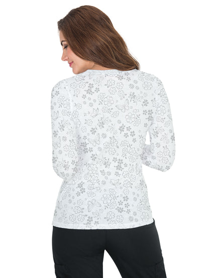 Women's Long-Sleeve Floral Burnout Presley Underscrub Tee - 1061PR - Flower Burnout White