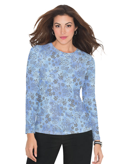 Women's Long-Sleeve Floral Burnout Presley Underscrub Tee - 1061PR - Flower Burnout True Ceil