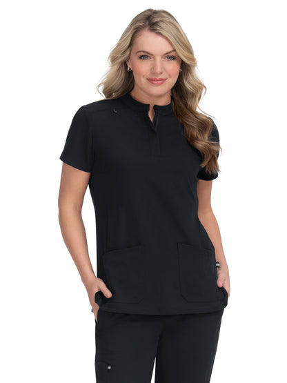 Women's Four-Pocket Zipper-Neck Mandarin Collar Driven Top - 1081 - Black