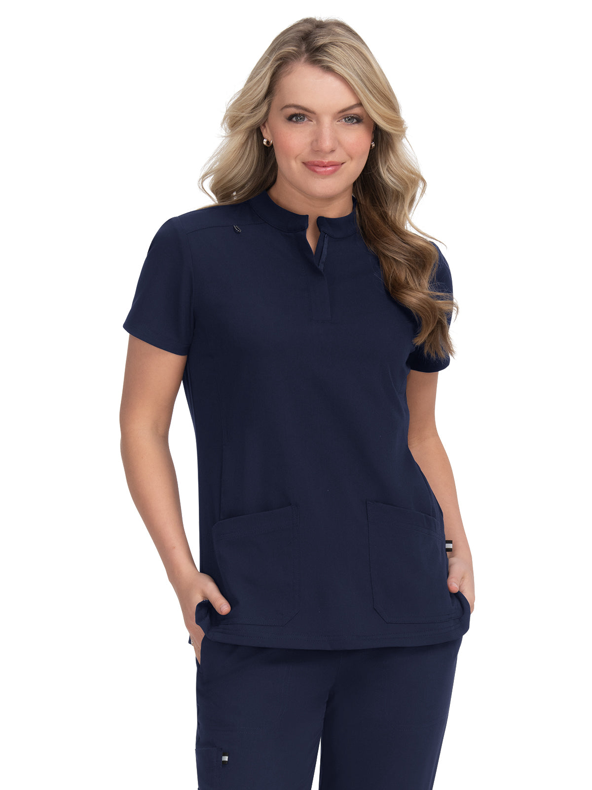 Women's Four-Pocket Zipper-Neck Mandarin Collar Driven Top - 1081 - Navy
