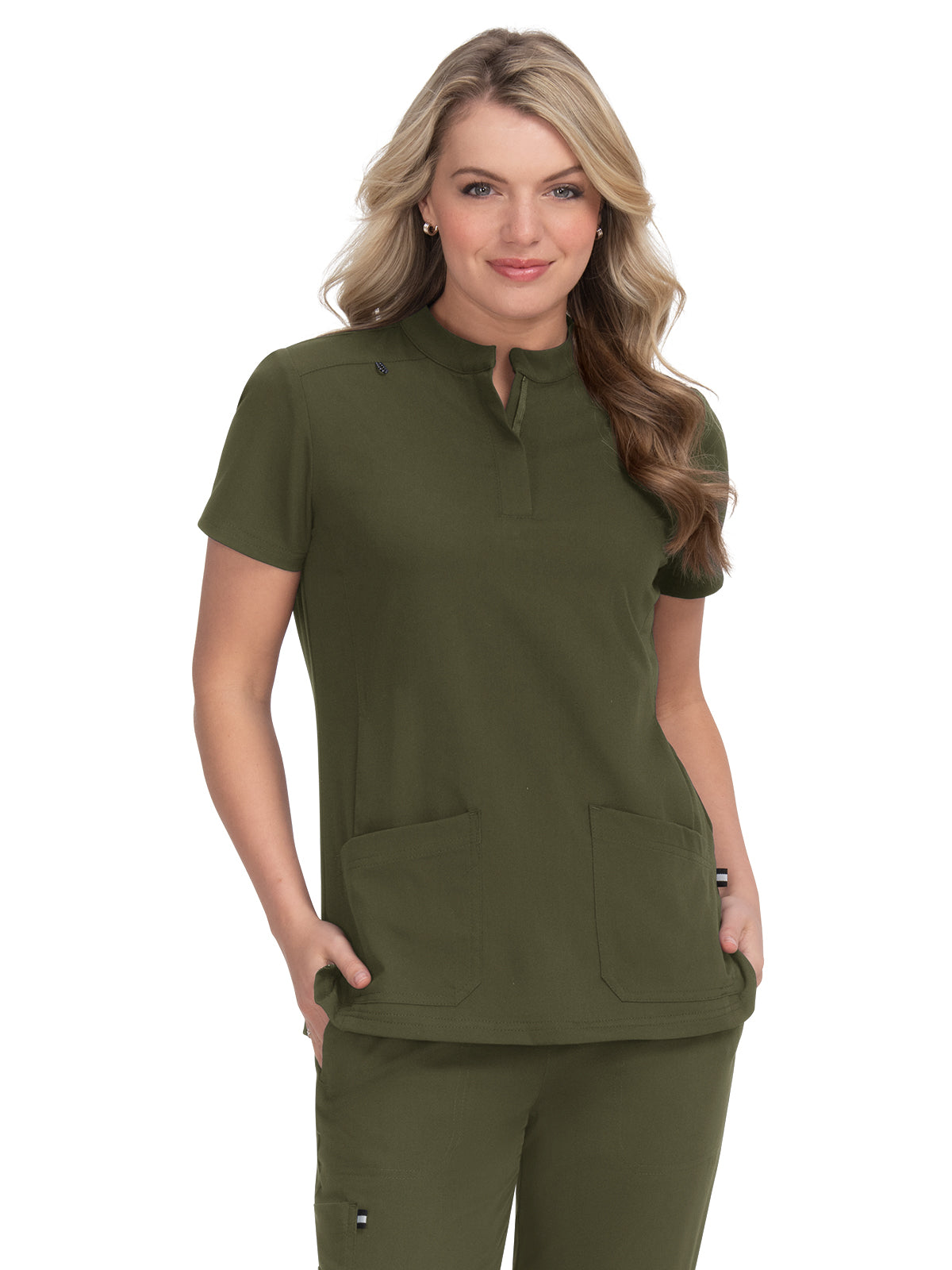 Women's Four-Pocket Zipper-Neck Mandarin Collar Driven Top - 1081 - Olive Green