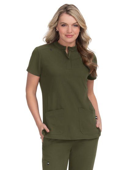 Women's Four-Pocket Zipper-Neck Mandarin Collar Driven Top - 1081 - Olive Green