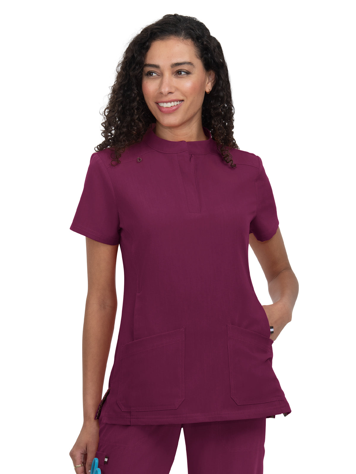 Women's 4-Pocket Zipper-Neck Mandarin Collar Driven Scrub Top - 1081 - Wine