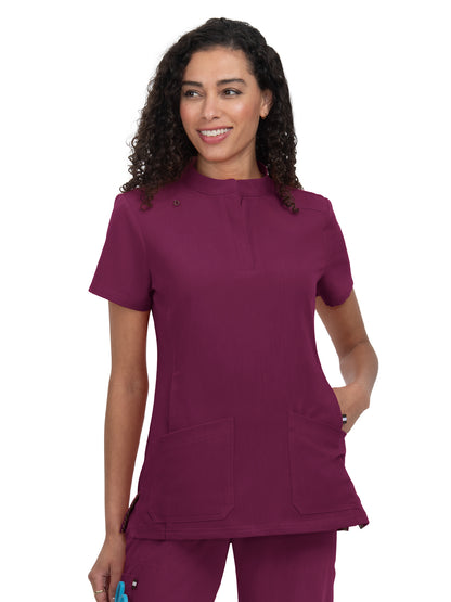 Women's 4-Pocket Zipper-Neck Mandarin Collar Driven Scrub Top - 1081 - Wine