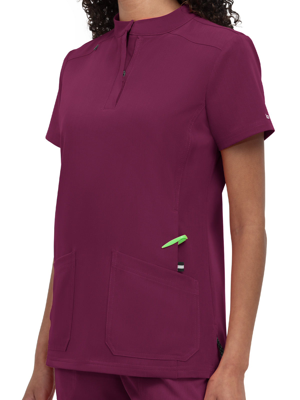 Women's 4-Pocket Zipper-Neck Mandarin Collar Driven Scrub Top - 1081 - Wine