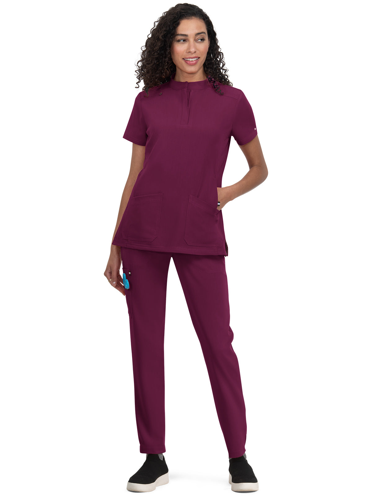 Women's 4-Pocket Zipper-Neck Mandarin Collar Driven Scrub Top - 1081 - Wine