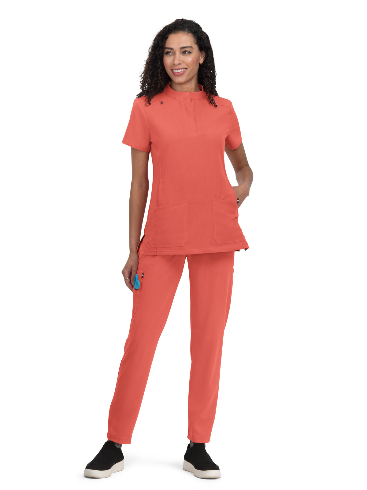 Women's 4-Pocket Zipper-Neck Mandarin Collar Driven Scrub Top - 1081 - Heather Coral