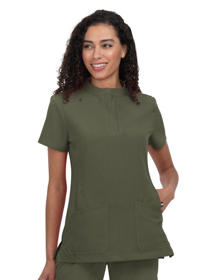 Women's 4-Pocket Zipper-Neck Mandarin Collar Driven Scrub Top - 1081 - Heather Olive