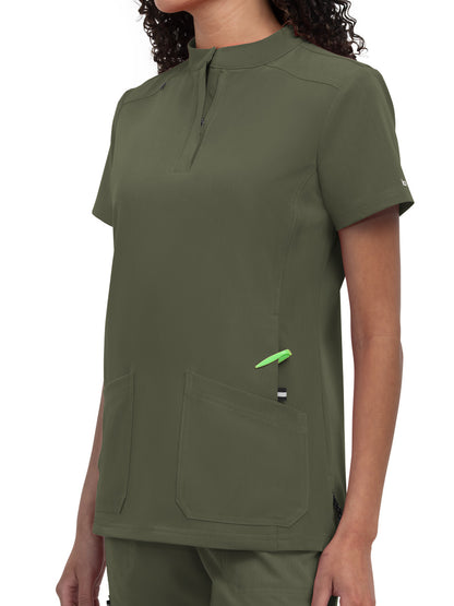 Women's 4-Pocket Zipper-Neck Mandarin Collar Driven Scrub Top - 1081 - Heather Olive