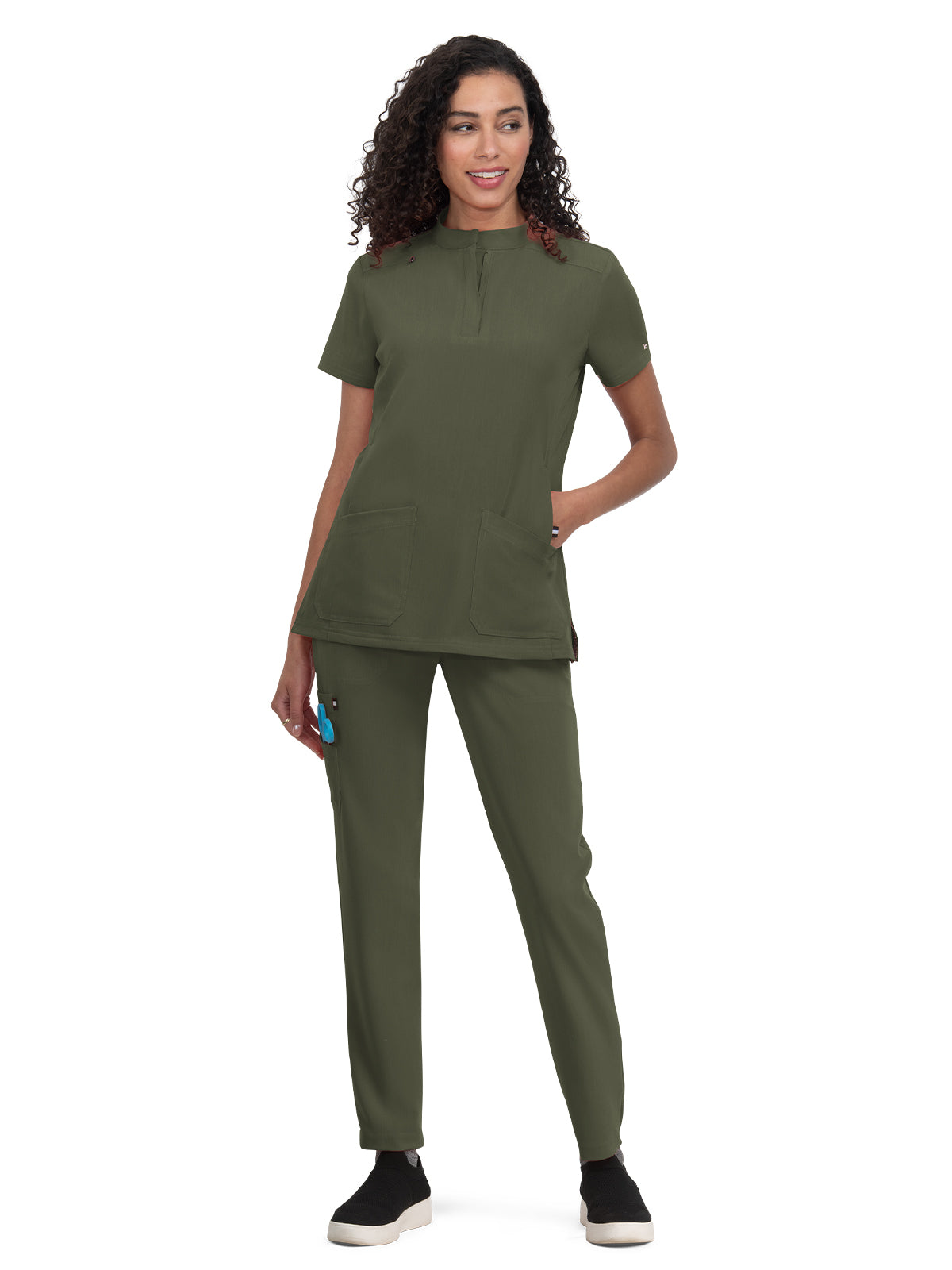 Women's 4-Pocket Zipper-Neck Mandarin Collar Driven Scrub Top - 1081 - Heather Olive