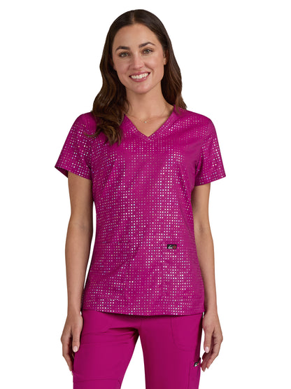 Women's 2-Pocket Stretch Print Velora Scrub Top - 1082PR - Iridescent Azalea Pink