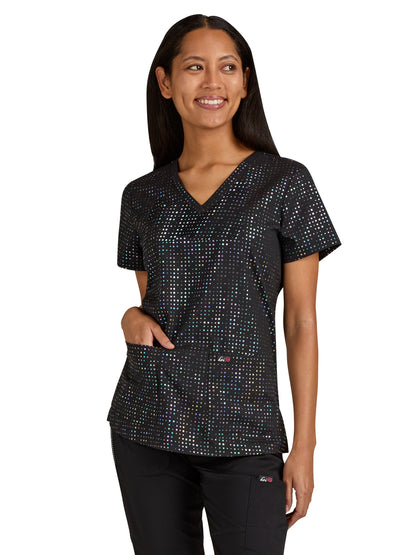 Women's 2-Pocket Stretch Print Velora Scrub Top - 1082PR - Iridescent Black