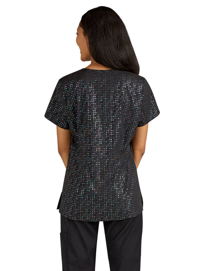 Women's 2-Pocket Stretch Print Velora Scrub Top - 1082PR - Iridescent Black