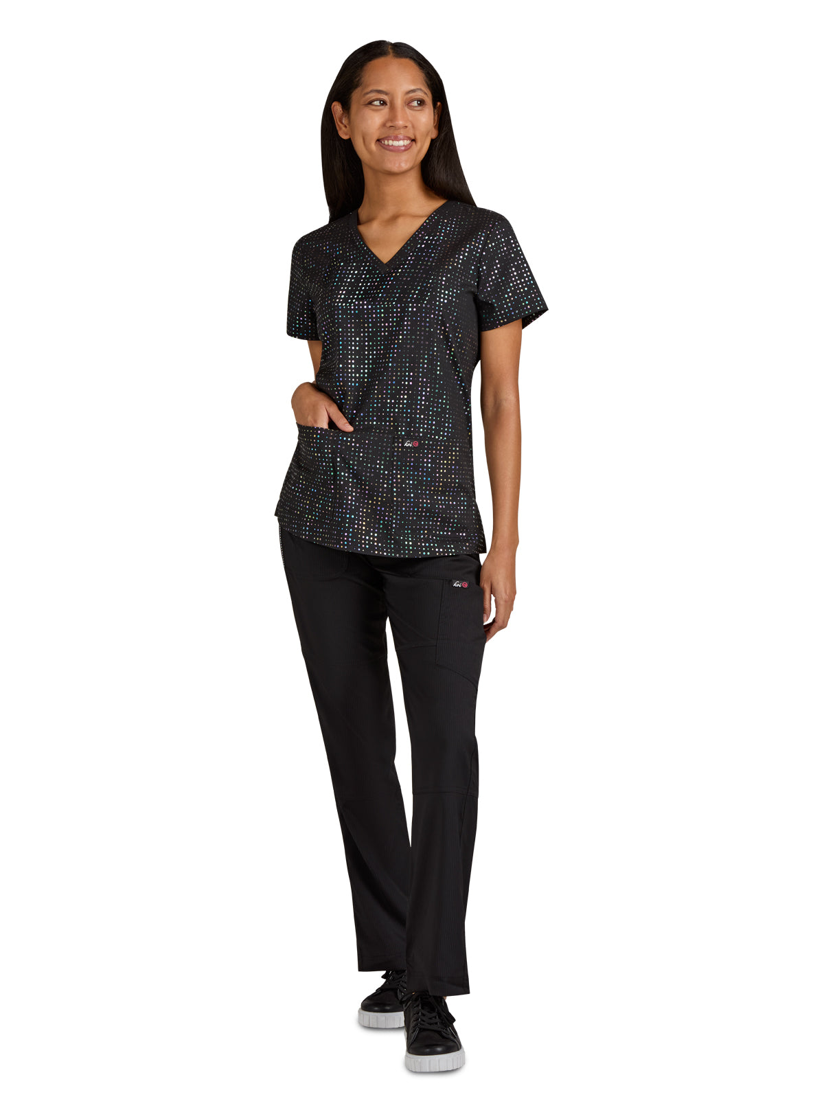 Women's 2-Pocket Stretch Print Velora Scrub Top - 1082PR - Iridescent Black