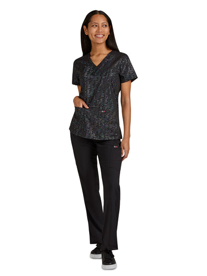 Women's 2-Pocket Stretch Print Velora Scrub Top - 1082PR - Iridescent Black