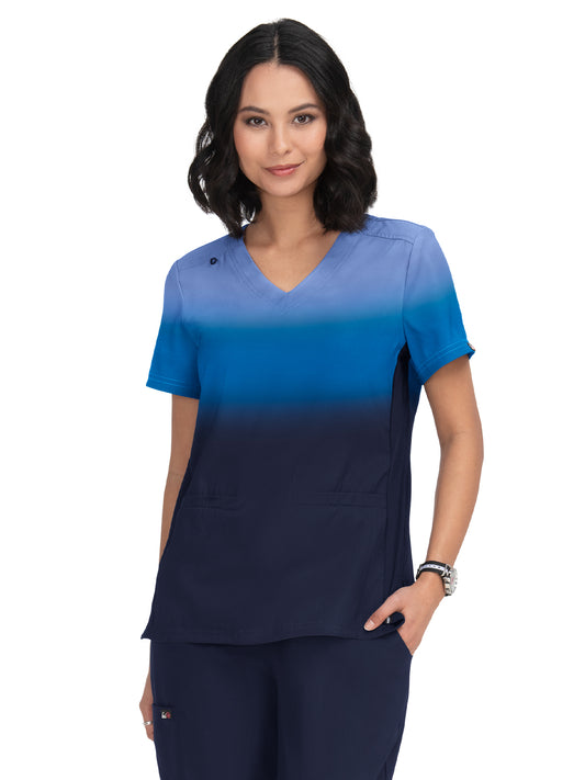 Women's Two-Pocket V-Neck Ombre Print Reclaim Top - 1088PLM - True Ceil/Navy Ombre