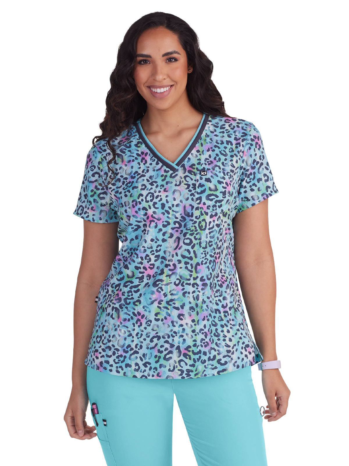 Women's 1-Pocket V-Neck Print Coming on Strong Scrub Top - 1108PR - Rainbow Leopard