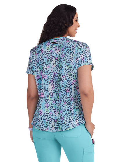 Women's 1-Pocket V-Neck Print Coming on Strong Scrub Top - 1108PR - Rainbow Leopard