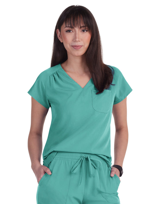 Women's 1-Pocket Heart-Shaped Neckline Eco-Friendly Kailani Scrub Top - 1118 - Waterfall Blue