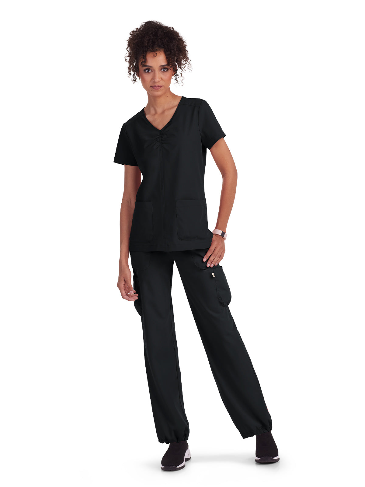 Women's Shirred Chest V-Neck Enik Scrub Top - 1121 - Black