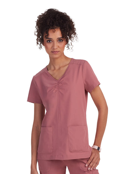 Women's Two-Pocket Shirred Chest V-Neck Enik Top - 1121 - Rosewood
