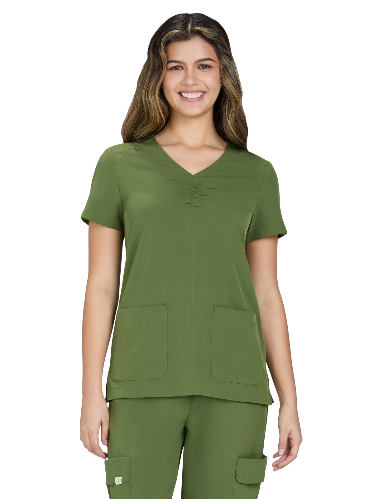 Women's Two-Pocket Shirred Chest V-Neck Enik Top - 1121 - Martini Olive