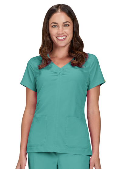 Women's Shirred Chest V-Neck Enik Scrub Top - 1121 - Waterfall Blue