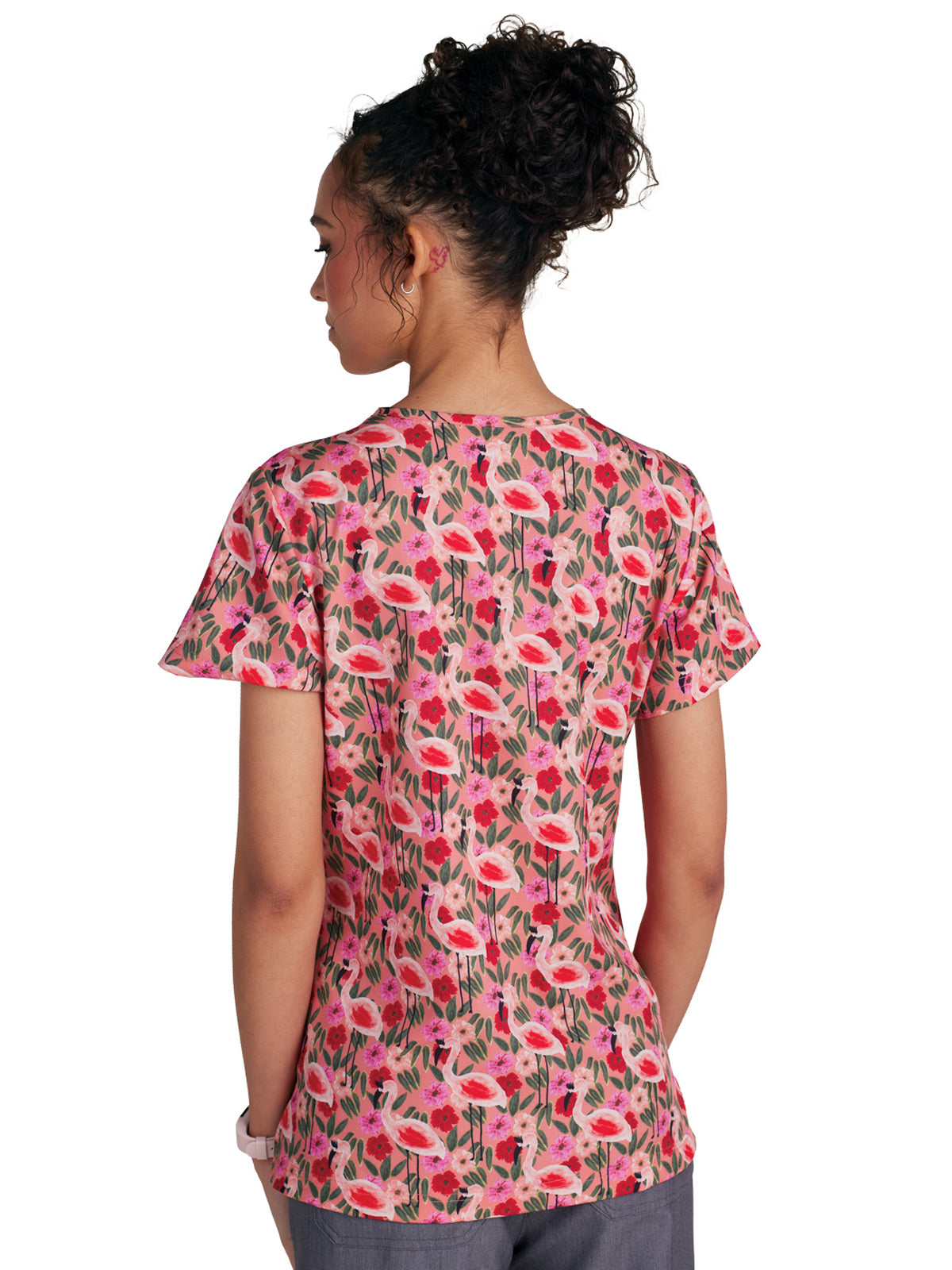 Women's 3-Pocket Print Rosalie Scrub Top - 1122PRA - Flamingo and Flowers