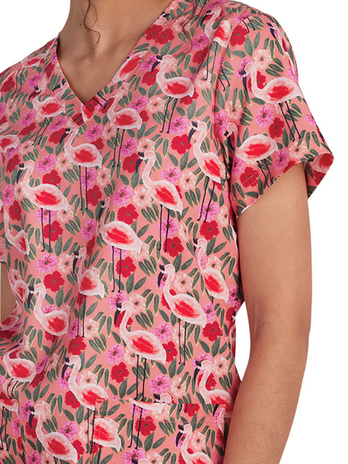 Women's 3-Pocket Print Rosalie Scrub Top - 1122PRA - Flamingo and Flowers