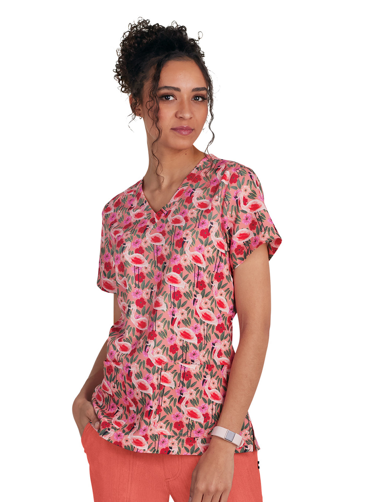 Women's 3-Pocket Print Rosalie Scrub Top - 1122PRA - Flamingo and Flowers