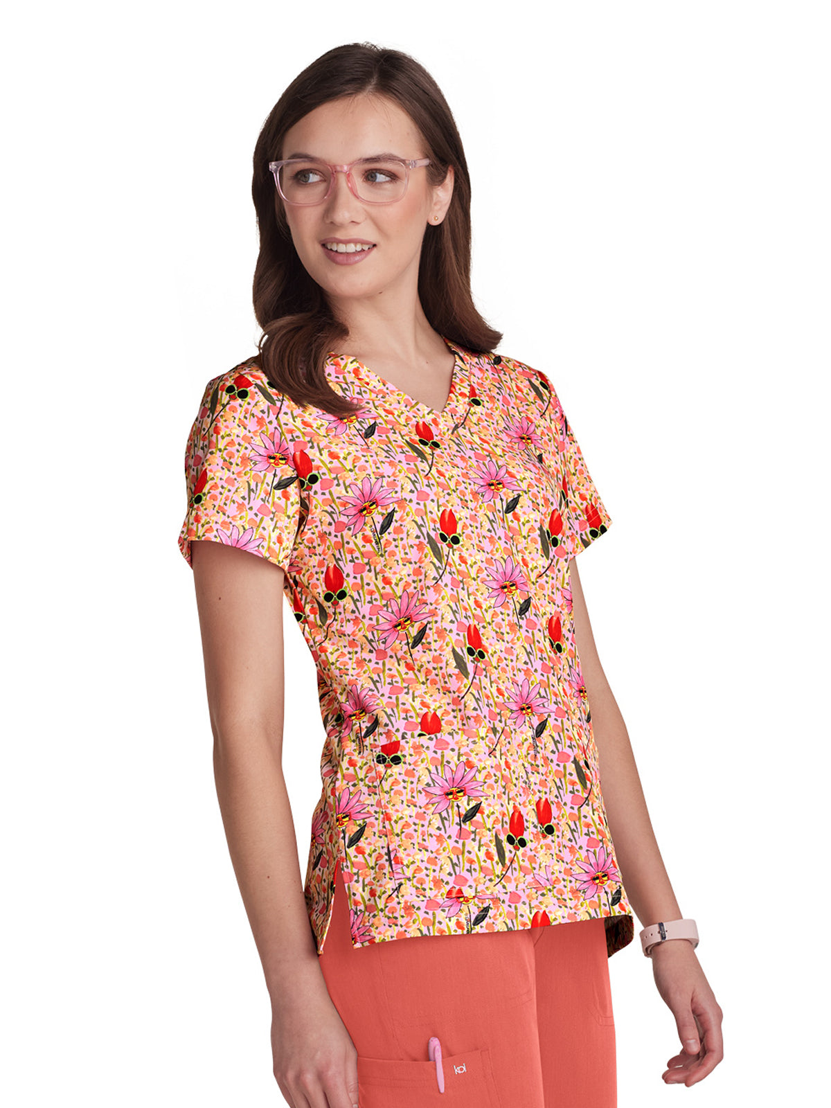 Women's 3-Pocket Print Rosalie Scrub Top - 1122PRA - Flower Babes