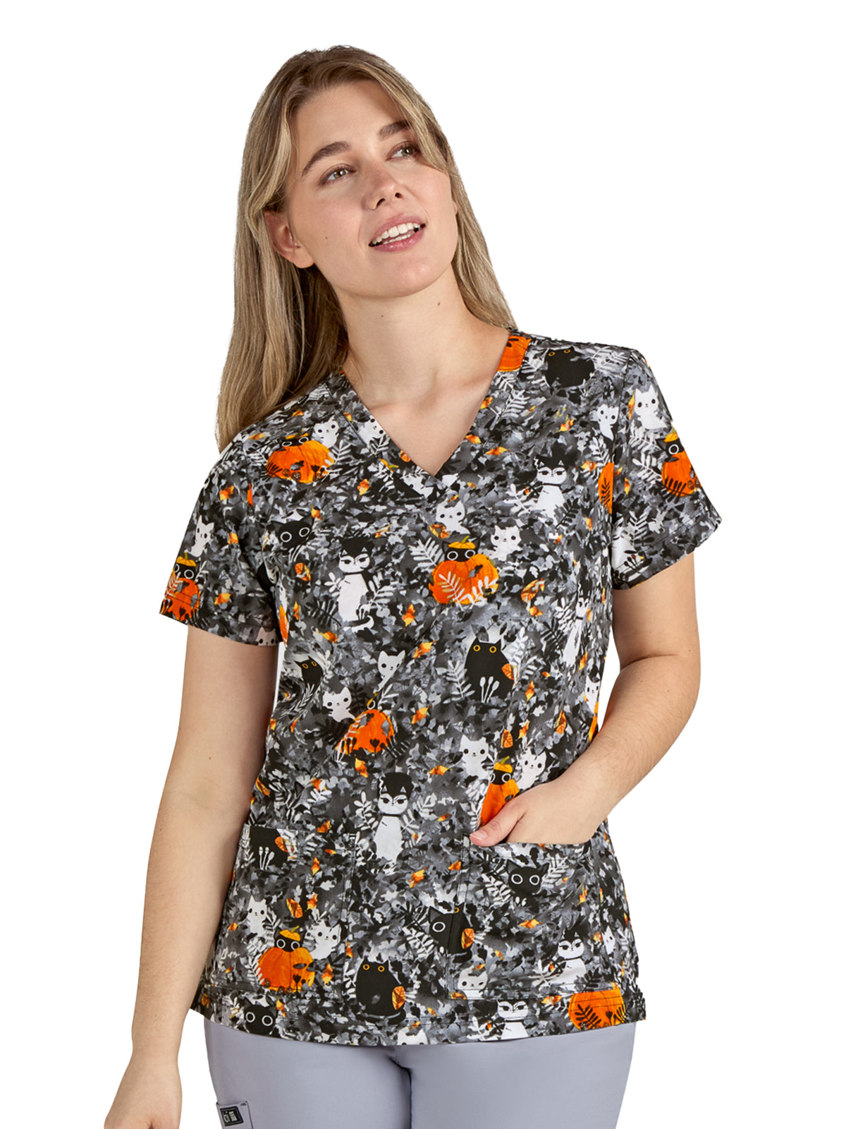 Women's 3-Pocket Print Rosalie Scrub Top - 1122PRA - Purry Leaves