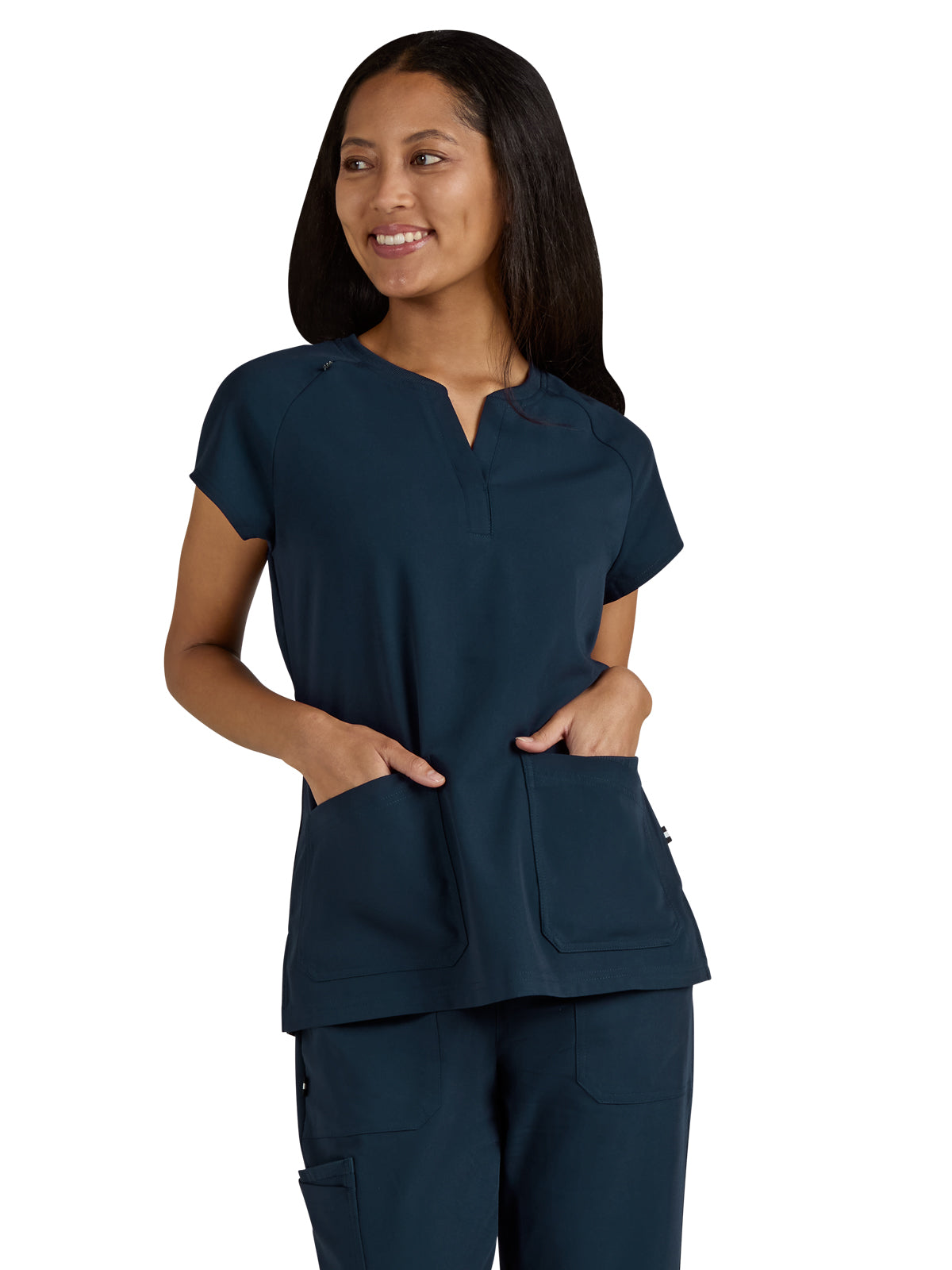 Women's Split-Neck 3-Pocket We Have Heart Scrub Top - 1124 - Navy