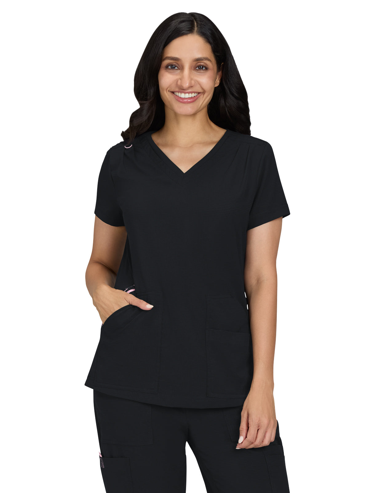 Women's Ribbed V-Neck 4-Pocket Sari Scrub Top - 1129 - Black