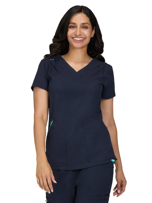 Women's Ribbed V-Neck 4-Pocket Sari Scrub Top - 1129 - Navy