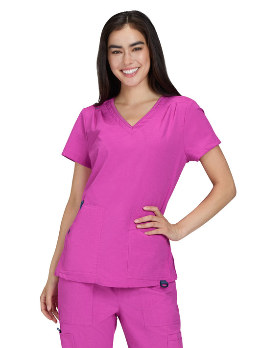 Women's Ribbed V-Neck 4-Pocket Sari Scrub Top - 1129 - Hibiscus Pink