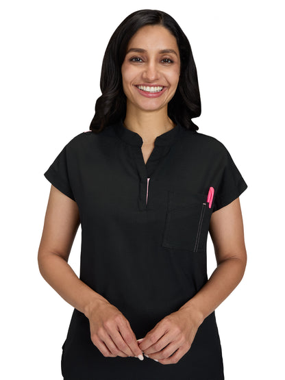 Women's Zipper Neck Combo Chest Pocket Catrin Scrub Top - 1131 - Black