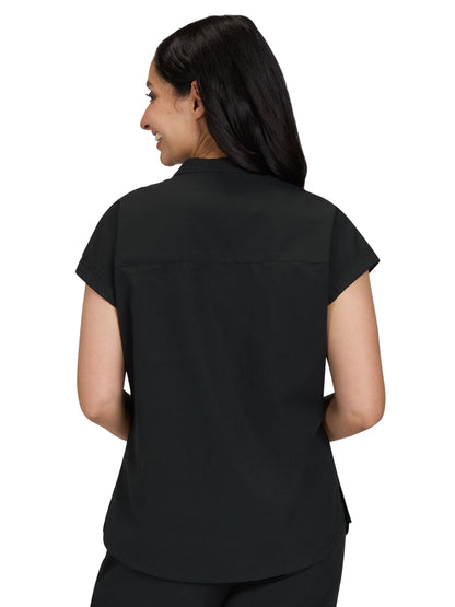 Women's Zipper Neck Combo Chest Pocket Catrin Scrub Top - 1131 - Black