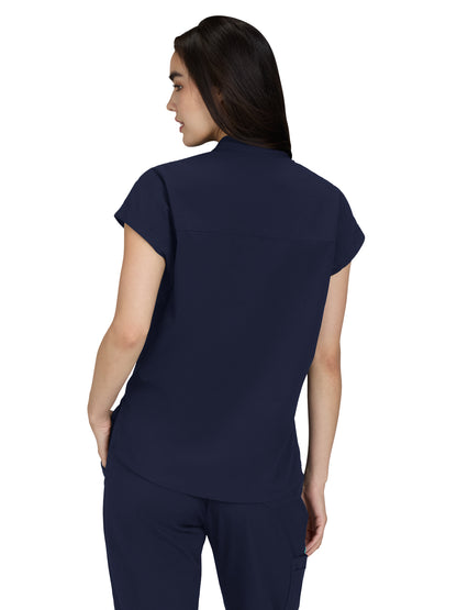 Women's Zipper Neck Combo Chest Pocket Catrin Scrub Top - 1131 - Navy