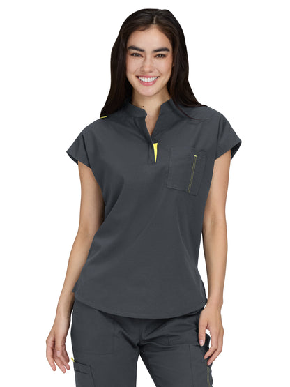 Women's Zipper Neck Combo Chest Pocket Catrin Scrub Top - 1131 - Charcoal