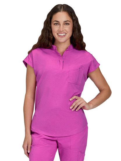 Women's Zipper Neck Combo Chest Pocket Catrin Scrub Top - 1131 - Hibiscus Pink