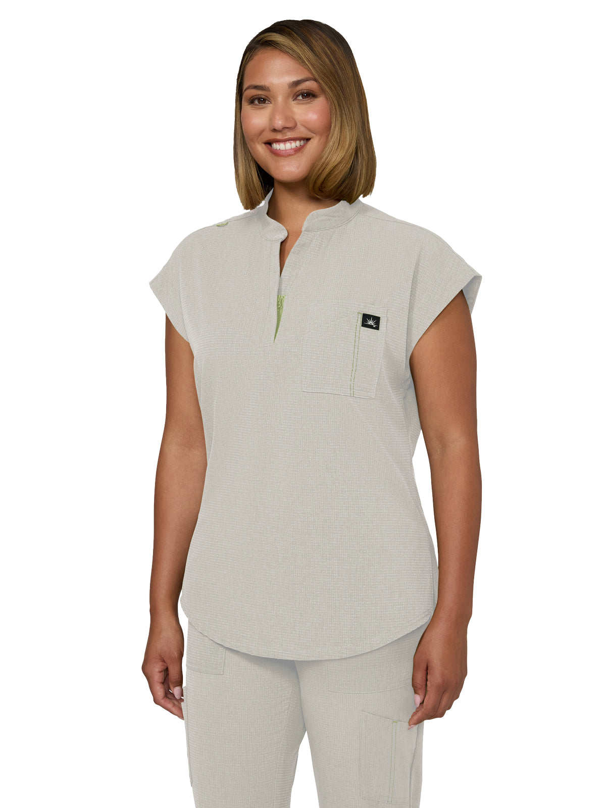 Women's Zipper Neck Combo Chest Pocket Catrin Top - 1131 - Bone