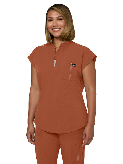 Women's Zipper Neck Combo Chest Pocket Catrin Top - 1131 - Dark Copper