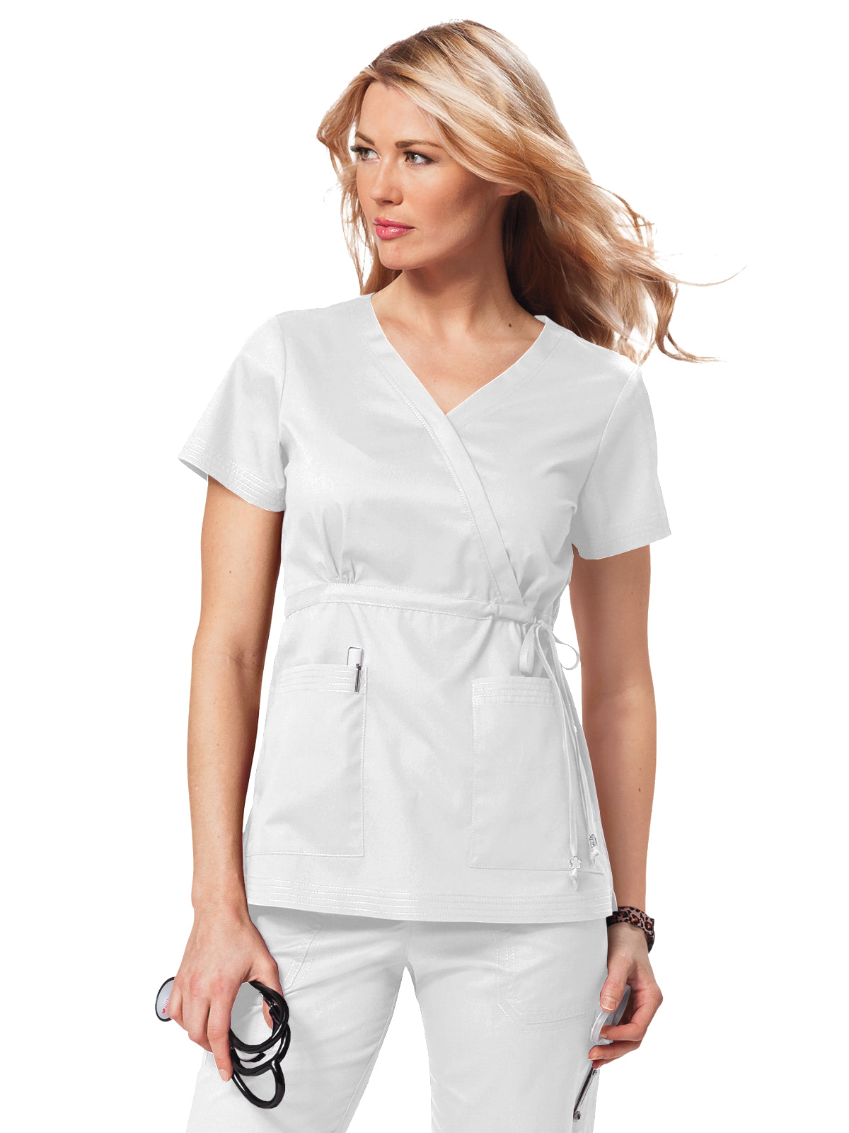 Women's 2-Pocket Adjustable Front-Tie Mock-Wrap Katelyn Scrub Top - 137 - White